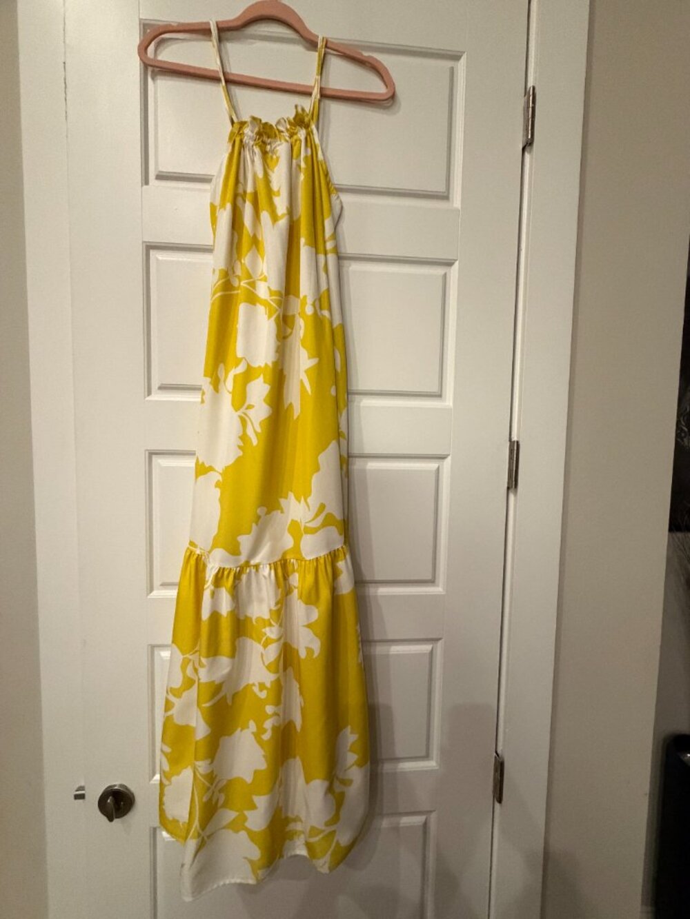 Yellow & White Floral Halter Maxi Dress Ruffle Hem (Medium)